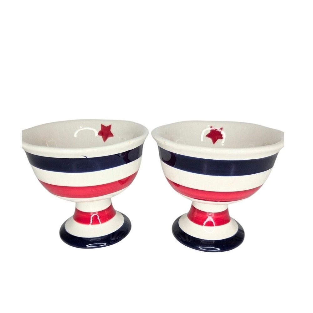 Patriotic Grace's Teaware Red White Blue Dessert Ice Cream Dish Goblet Set Of 2
